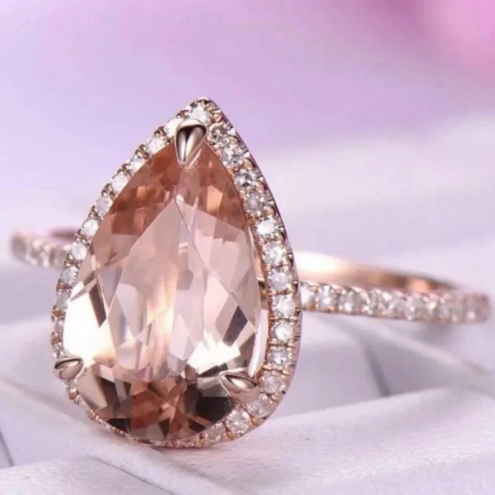 NEW 18K Rose Gold Morganite Teardrop Halo Ring
